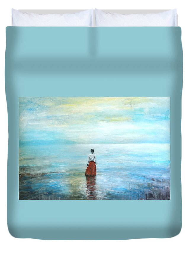 Lady In Red Duvet Cover featuring the painting Lady In Red by Escha Van den bogerd