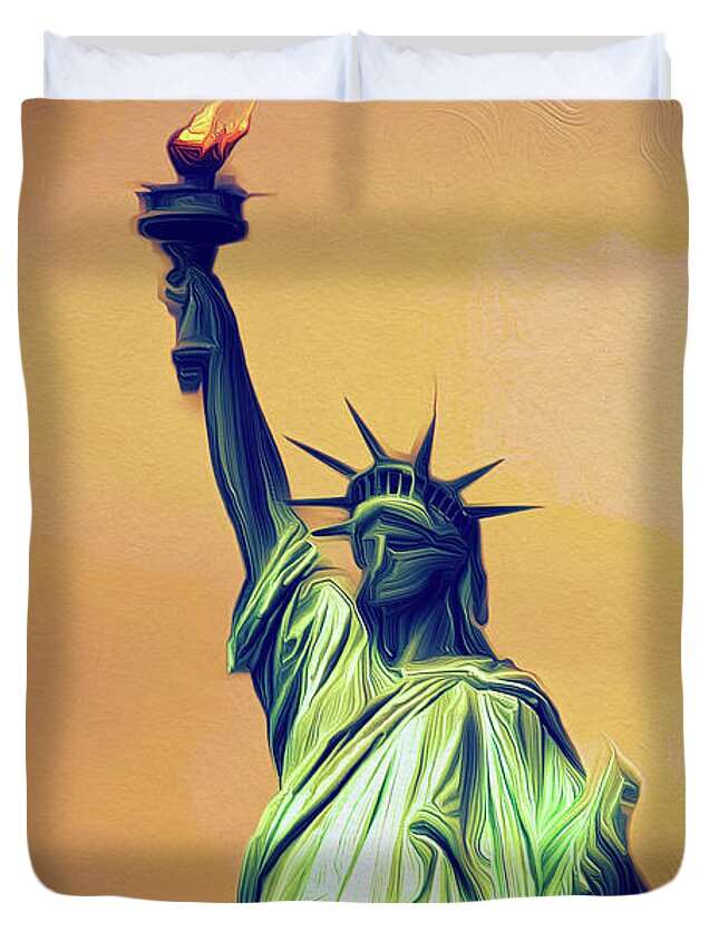 Statue Duvet Cover featuring the painting Lady Liberty by Prince Andre Faubert