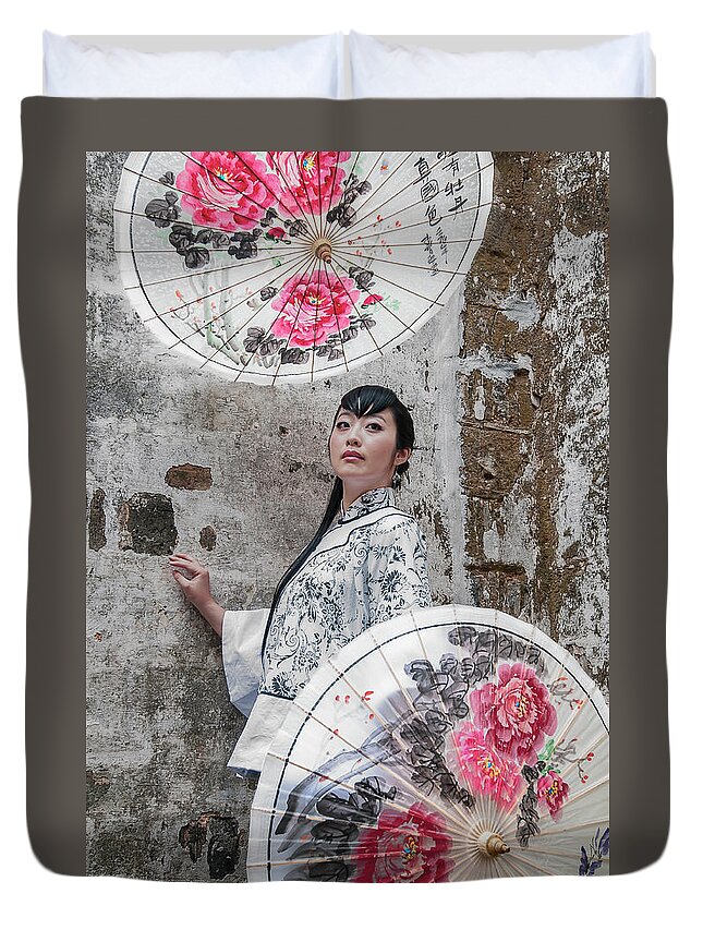 Asia Duvet Cover featuring the photograph Lady with an umbrella. by Usha Peddamatham