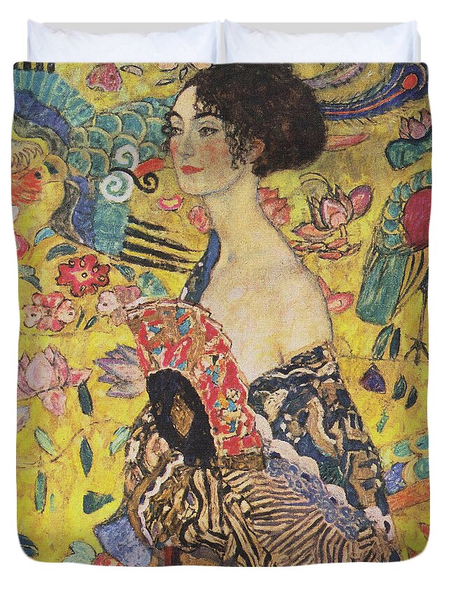 Gustav Klimt Duvet Cover featuring the painting Lady With Fan by Gustav Klimt