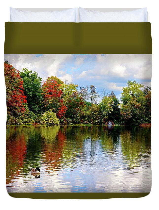 Water Duvet Cover featuring the photograph Lake at Forest Park by Camille Lopez