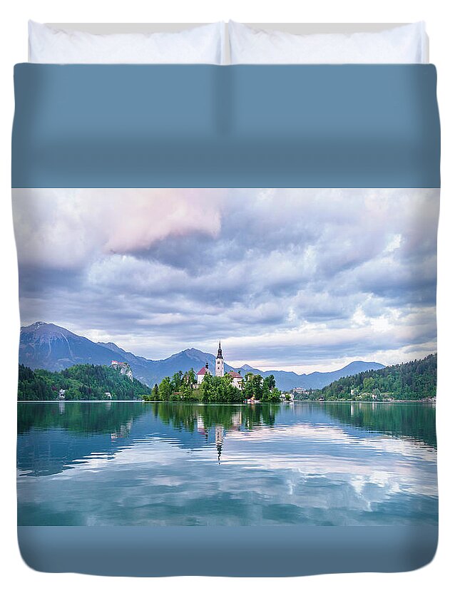 Europe Duvet Cover featuring the photograph Lake Bled and its beautiful church. by Usha Peddamatham
