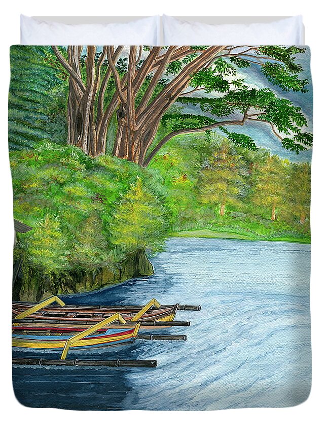 Bali Duvet Cover featuring the painting Lake Bratan Boats Bali Indonesia by Melly Terpening