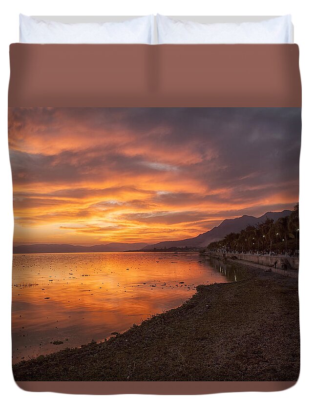 Sunset Duvet Cover featuring the photograph Lake Chapala Sunset by Eunice Gibb