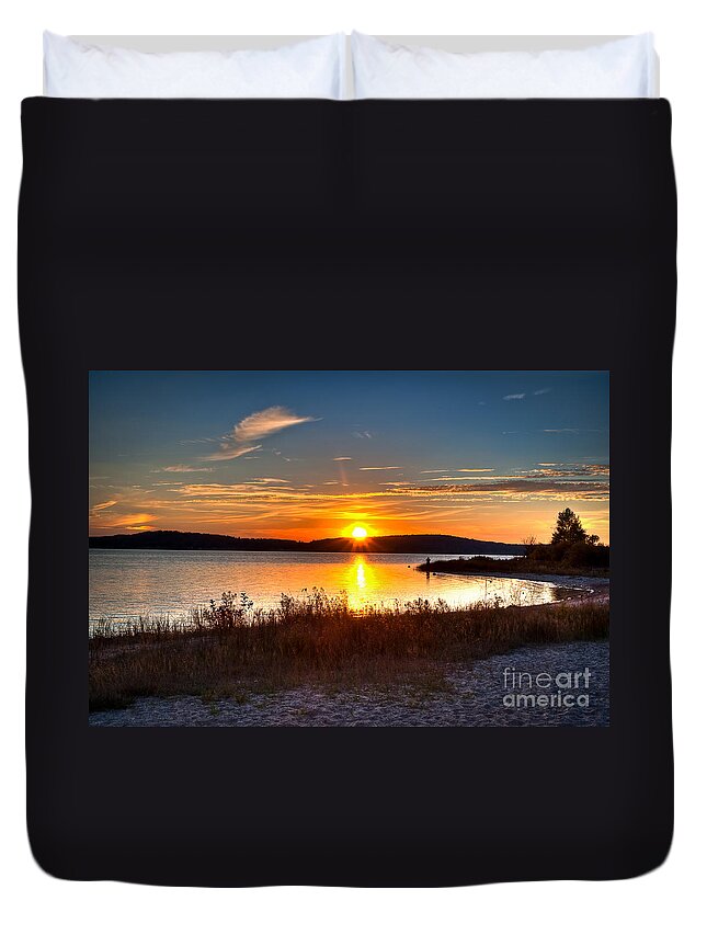 Hdr Duvet Cover featuring the photograph Lake Charlevoix Sunset by Larry Carr