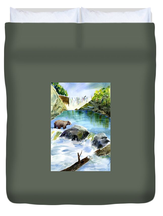 Bear Duvet Cover featuring the painting Lake Clementine Falls Bear by Joan Chlarson