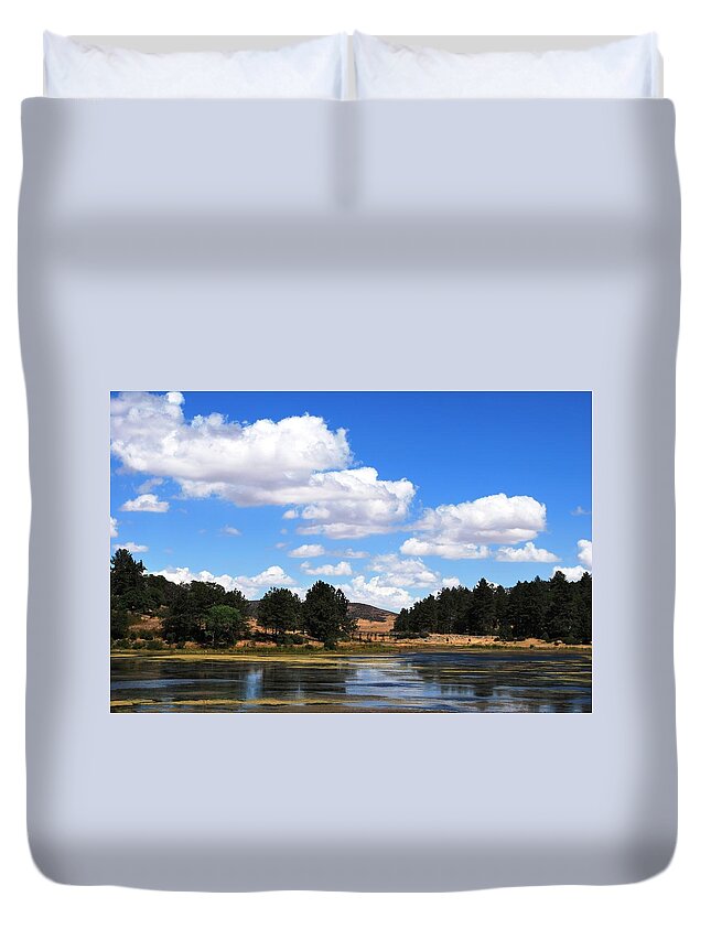 Tree Duvet Cover featuring the photograph Lake Cuyamac Landscape and Clouds by Matt Quest