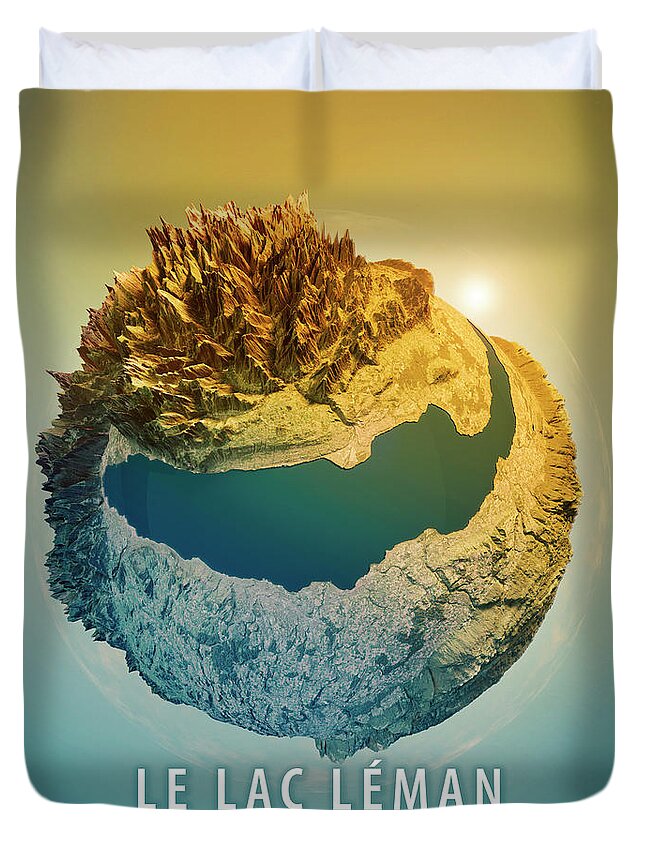 Lake Geneva Duvet Cover featuring the digital art Lake Geneva 3D Little Planet 360-Degree Sphere Panorama by Frank Ramspott