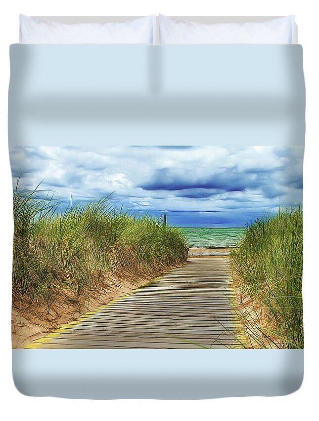 Boardwalk Duvet Cover featuring the photograph Lake Huron Boardwalk by Bill Gallagher