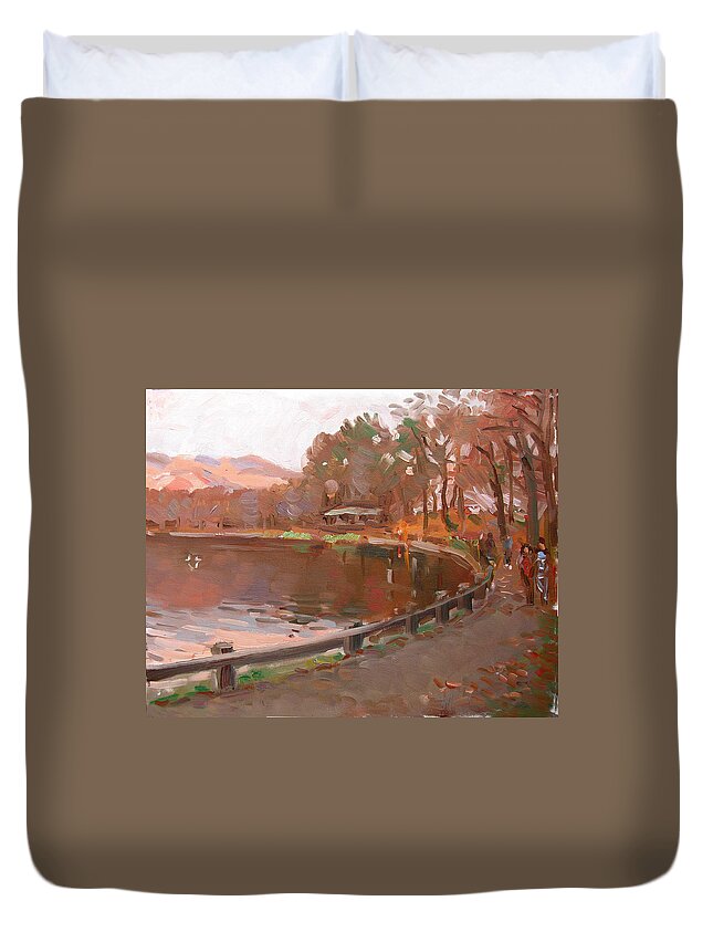 Lake Duvet Cover featuring the painting Lake in Bear Mountin by Ylli Haruni