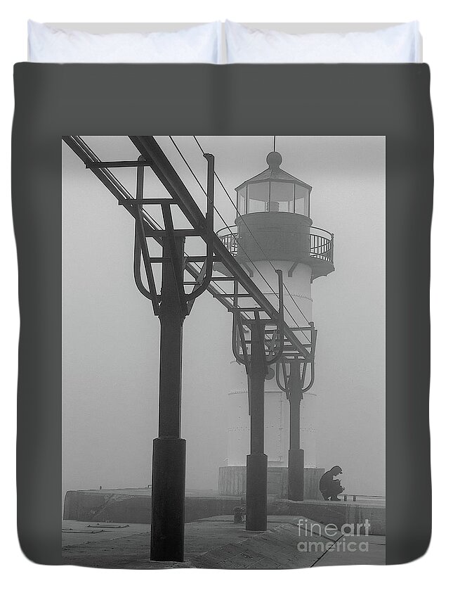 Lighthouse Duvet Cover featuring the photograph Lake Michigan Fog - bw by Ann Horn