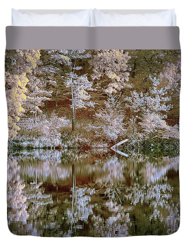 Needwood Duvet Cover featuring the photograph Lake reflection IR faux color by Izet Kapetanovic