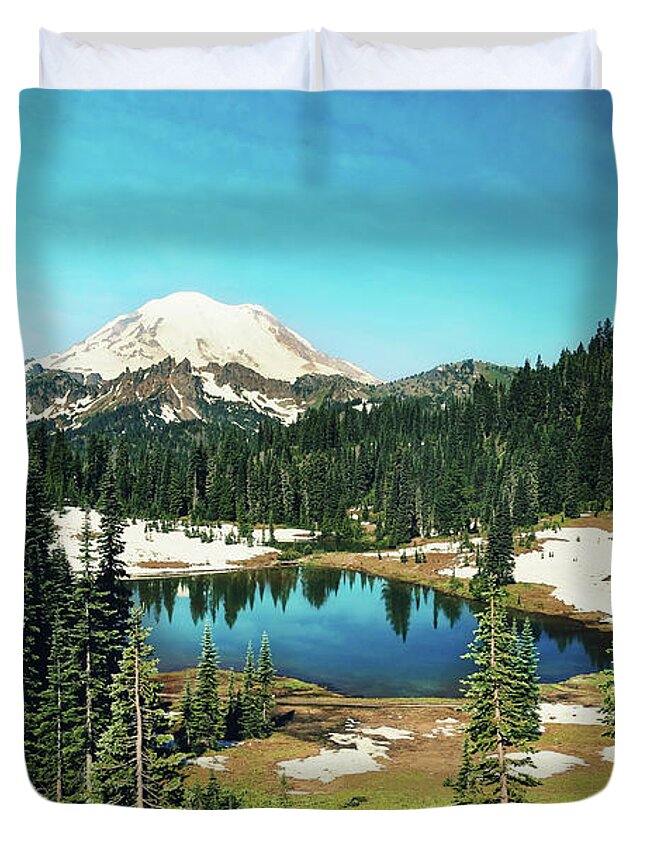 Photography Duvet Cover featuring the photograph Lake reflections by Sylvia Cook