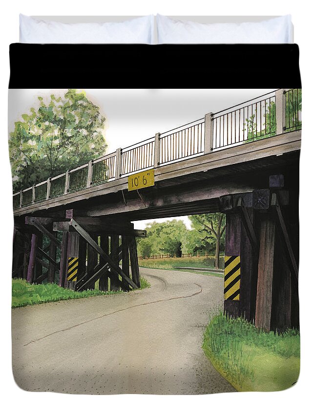 Railroad Duvet Cover featuring the painting Lake St. RR Overpass by Ferrel Cordle