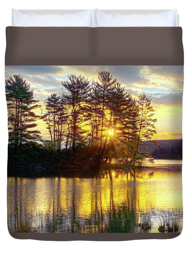 Sunrise Duvet Cover featuring the photograph Lake Tiorati Golden Sunrise by Angelo Marcialis