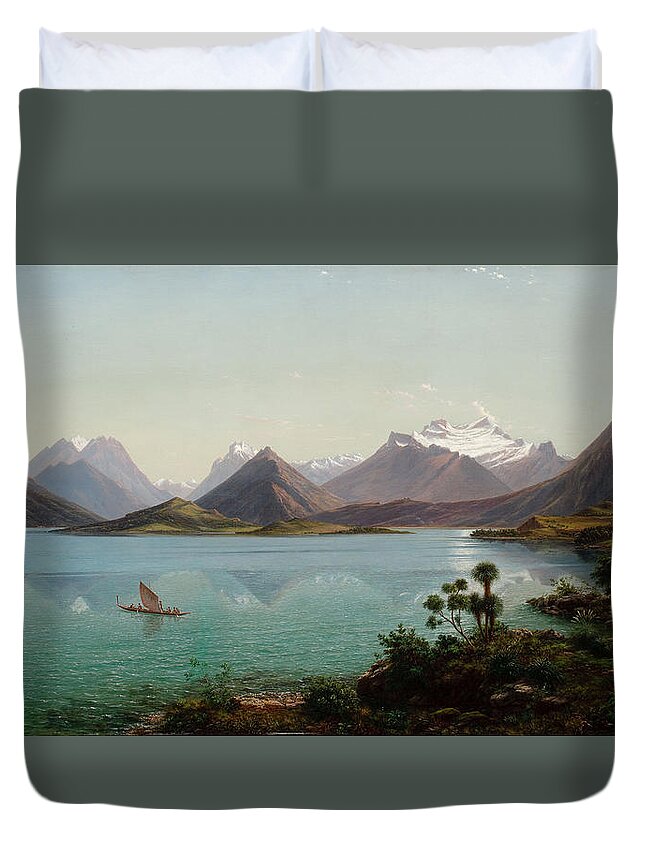 Eugene Von Guerard Duvet Cover featuring the painting Lake Wakatipu with Mount Earnslaw. Middle Island New Zealand by Eugene von Guerard