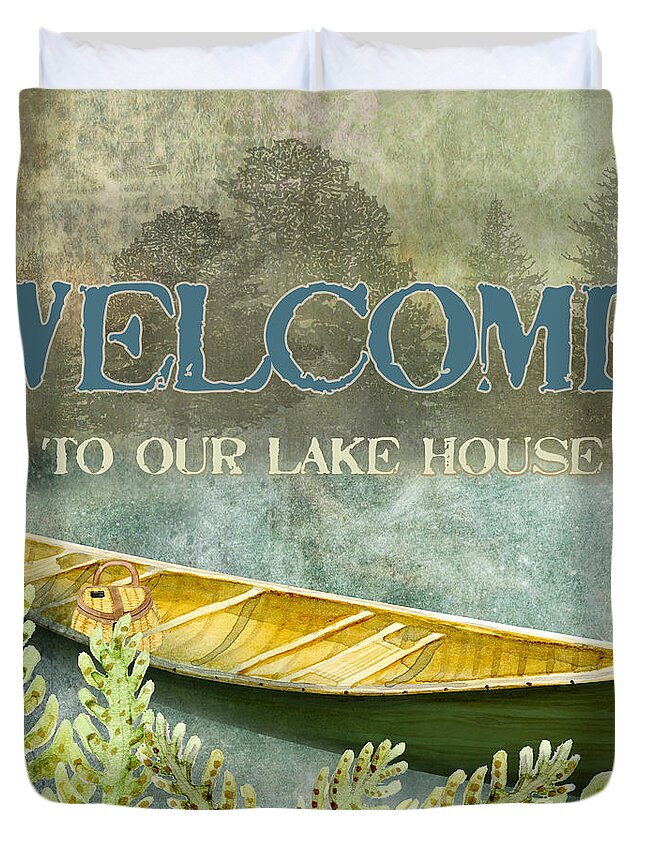Welcome Duvet Cover featuring the painting Lakeside Lodge - Welcome Sign by Audrey Jeanne Roberts