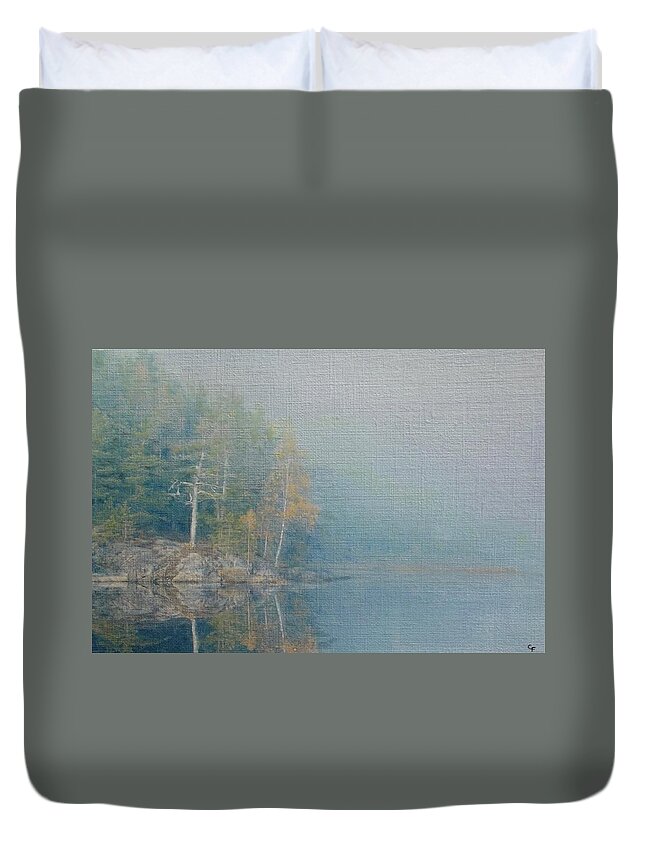 Subtle Colors Duvet Cover featuring the painting Lakeside Reflections by Cara Frafjord
