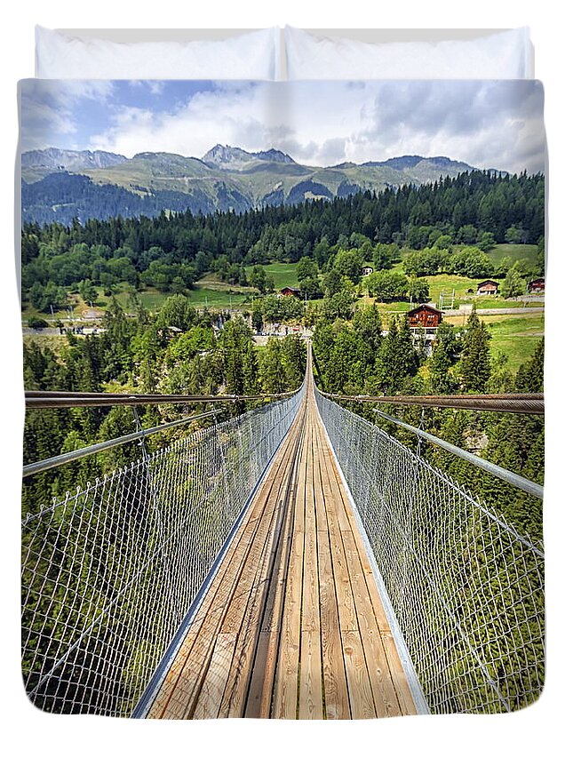 Bridge Duvet Cover featuring the photograph Lama suspended bridge, Valais, Switzerland by Elenarts - Elena Duvernay photo