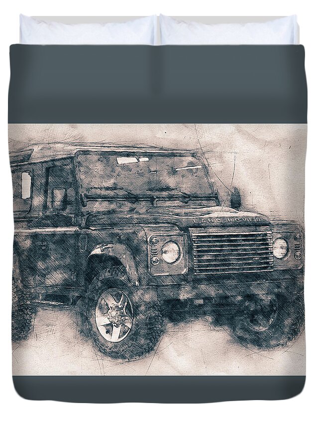 Land Rover Defender Duvet Cover featuring the mixed media Land Rover Defender - Land Rover Ninety - Land Rover One Ten - Automotive Art - Car Posters by Studio Grafiikka