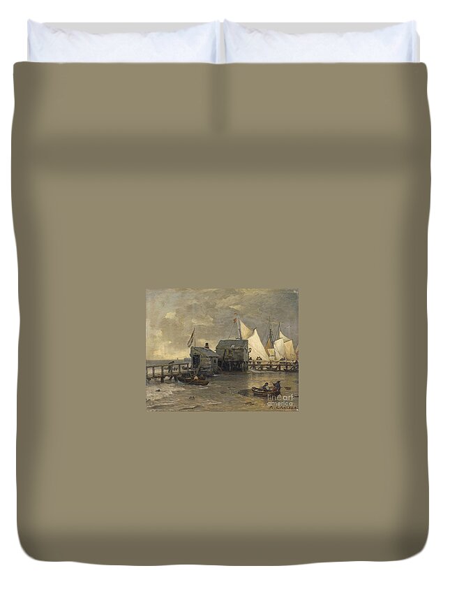 Andreas Achenbach Duvet Cover featuring the painting Landing Stage With Sailing Ships by MotionAge Designs