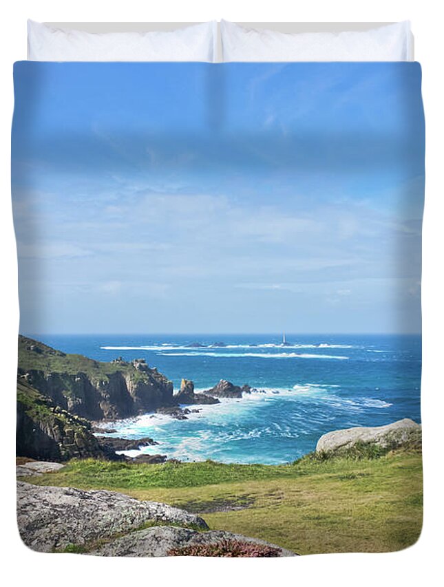 Lands End Duvet Cover featuring the photograph Land's End and Longships Lighthouse Cornwall by Terri Waters