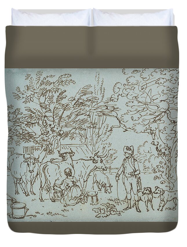 Paul Sandby Duvet Cover featuring the drawing Landscape with a Milk Maid and a Beau by Paul Sandby
