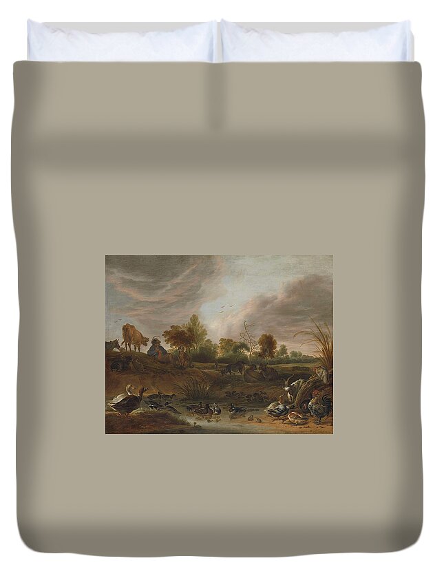 Landscape With Animals Duvet Cover featuring the painting Landscape With Animals by MotionAge Designs