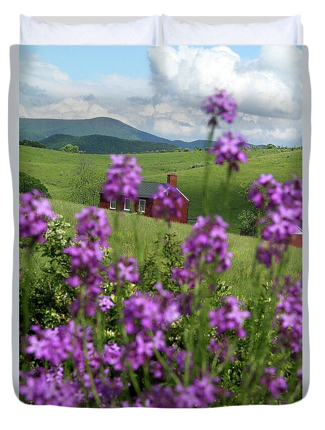 Grass Duvet Cover featuring the photograph Landscape with purple flowers in Virginia by Emanuel Tanjala