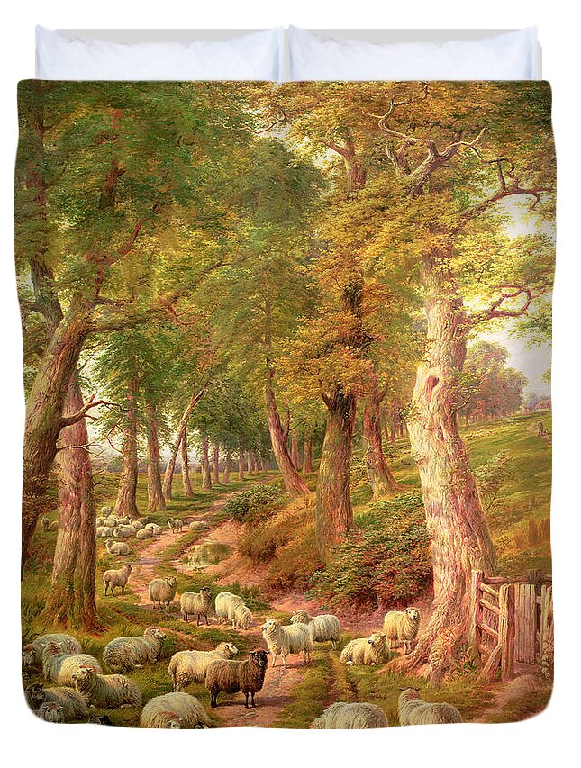 Landscapes Duvet Cover featuring the painting Landscape with Sheep by Charles Jones
