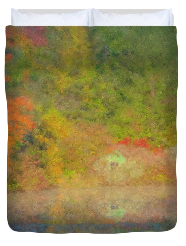 October Duvet Cover featuring the painting Langwater Pond Boathouse October 2015 by Bill McEntee