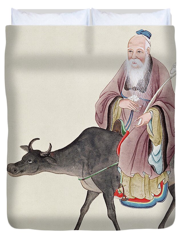 Tao Duvet Cover featuring the painting Lao Tzu on his buffalo by Chinese School