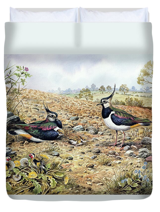 Lapwing Duvet Cover featuring the painting Lapwing Family with Goldfinches by Carl Donner