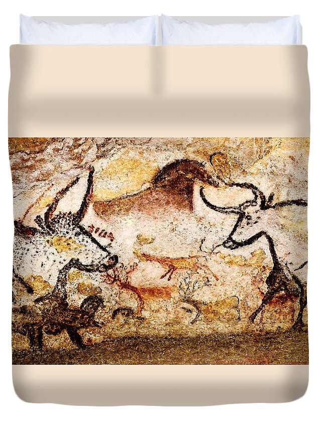 Lascaux Duvet Cover featuring the digital art Lascaux Hall of the Bulls - Deer and Aurochs by Weston Westmoreland