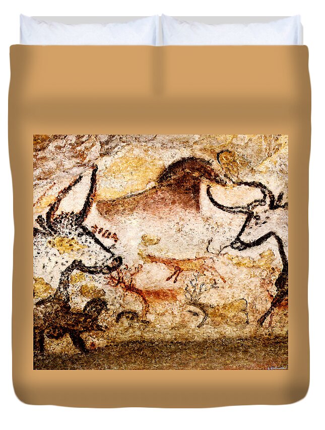 Lascaux Duvet Cover featuring the digital art Lascaux Hall of the Bulls - Deer between Aurochs by Weston Westmoreland