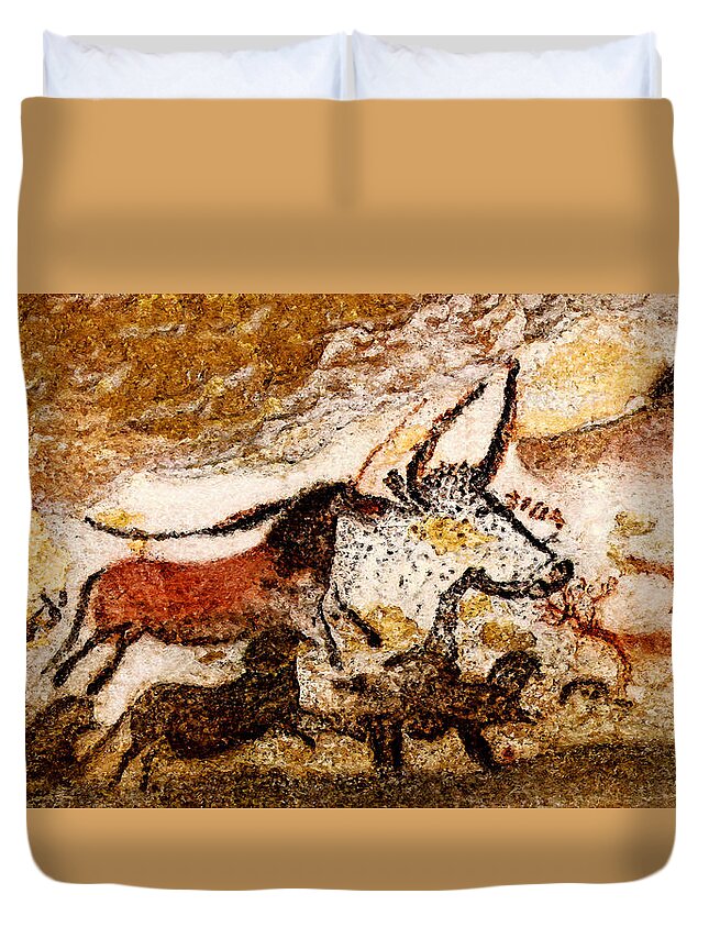 Lascaux Duvet Cover featuring the digital art Lascaux Hall of the Bulls - Horses and Aurochs by Weston Westmoreland