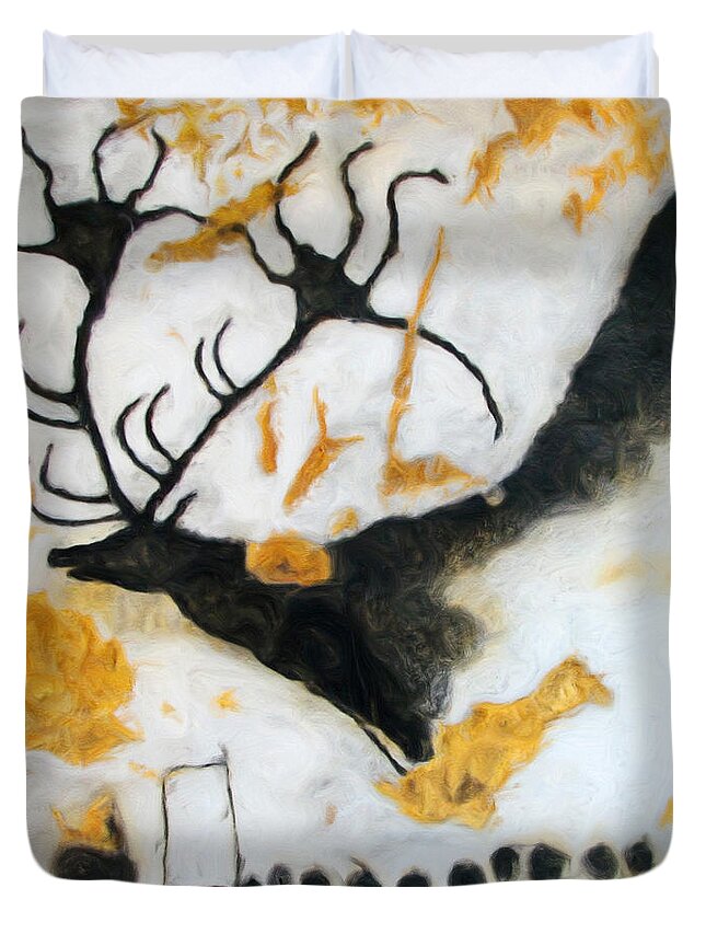 Lascaux Prehistoric Megaceros Duvet Cover featuring the digital art Lascaux Megaceros Deer by Weston Westmoreland