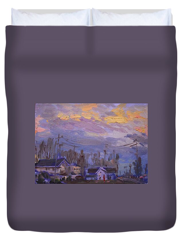 Late Evening Duvet Cover featuring the painting Late Evening in Town by Ylli Haruni