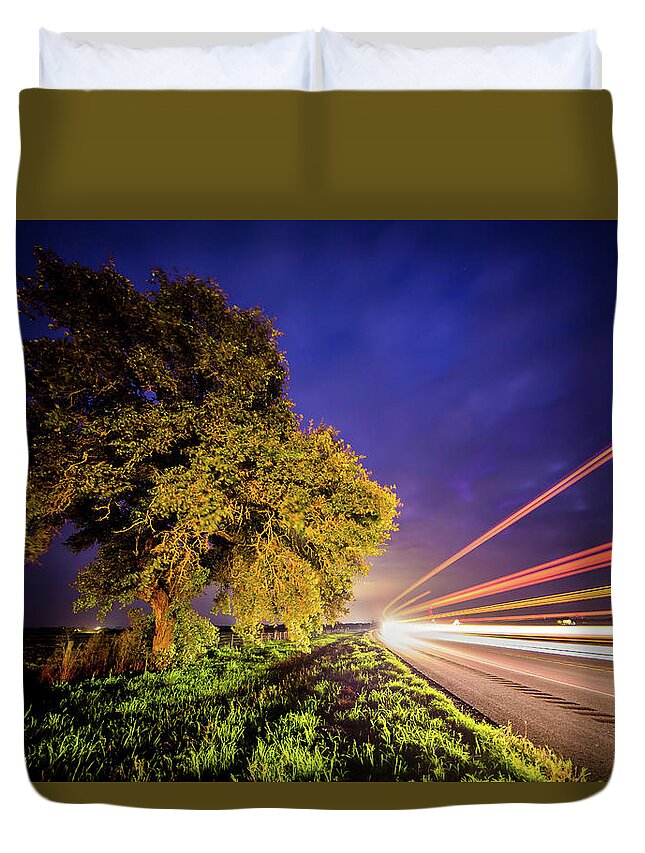 Late Duvet Cover featuring the photograph Late Night Texas Country Road Traffic Light Trails by Micah Goff