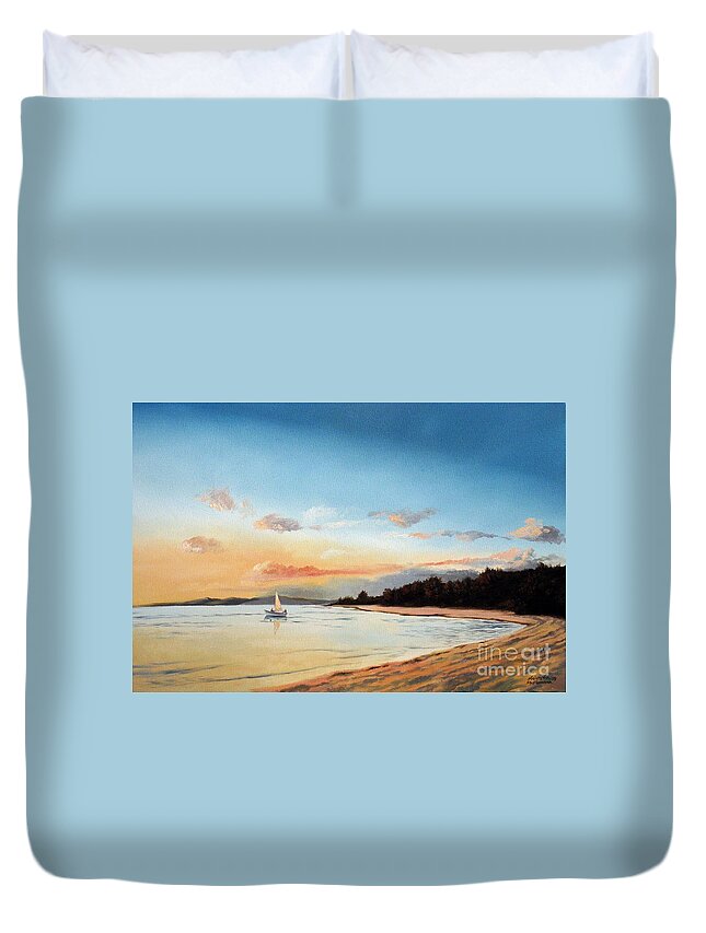Sunset Duvet Cover featuring the painting Late Sunset along the Beach by Christopher Shellhammer