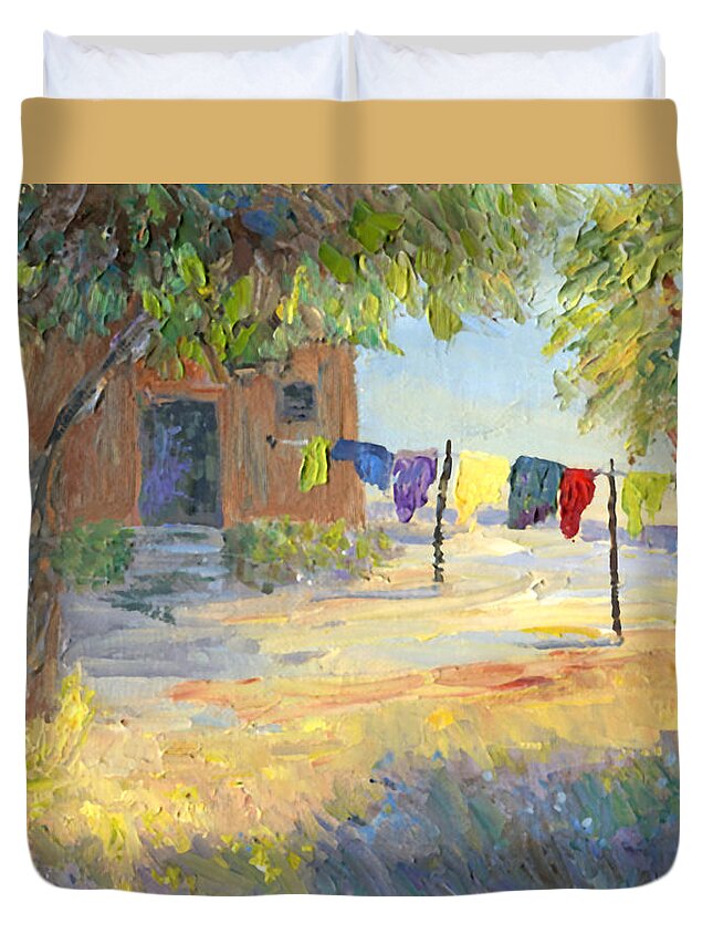 Impressionism Duvet Cover featuring the painting Laundry Yard by June Hunt