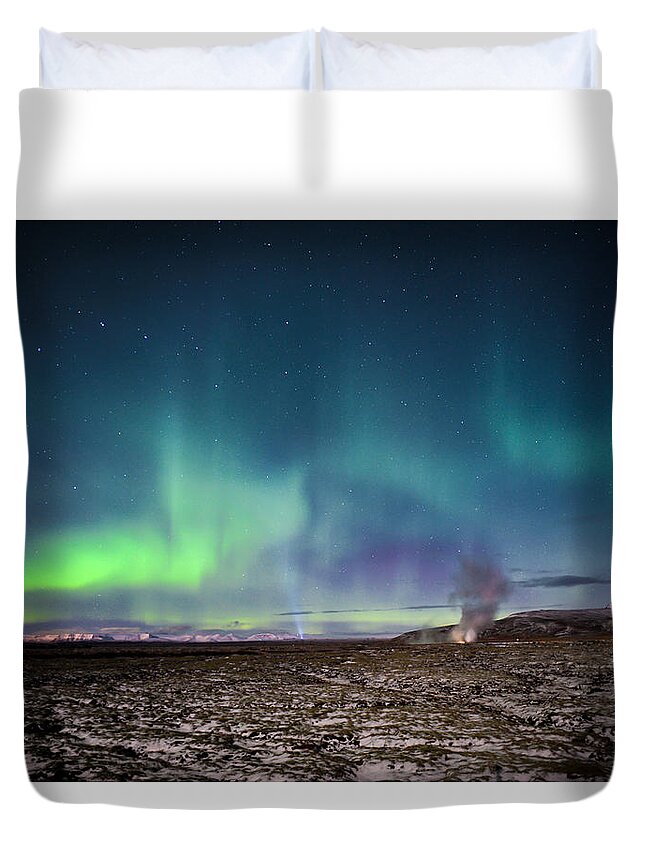 Iceland Duvet Cover featuring the photograph Lava And Light - Aurora Over Iceland by Alex Blondeau