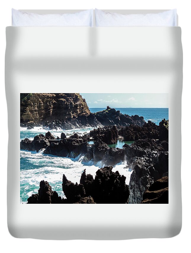 Madeira Duvet Cover featuring the photograph Lava-rock pools of Porto Moniz by Claudio Maioli