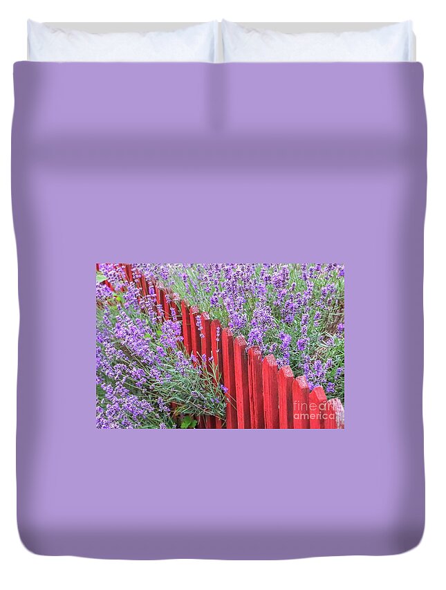 Countryside Duvet Cover featuring the photograph Lavender around a red wooden fence by Amanda Mohler