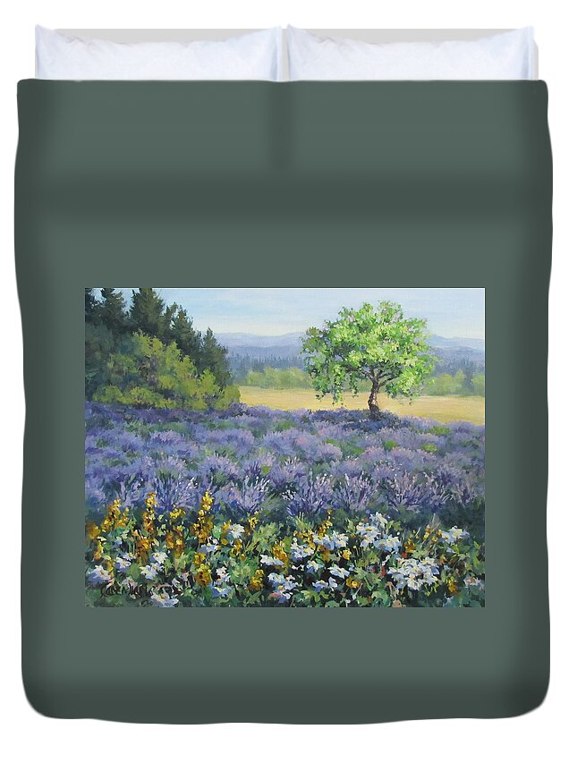Landscape Painting Duvet Cover featuring the painting Lavender and Wildflowers by Karen Ilari