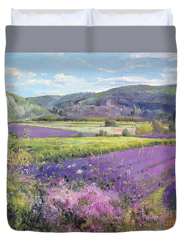 Field; South Of France; French Landscape; Hills; Hill; Landscape; Flower; Flowers Duvet Cover featuring the painting Lavender Fields in Old Provence by Timothy Easton