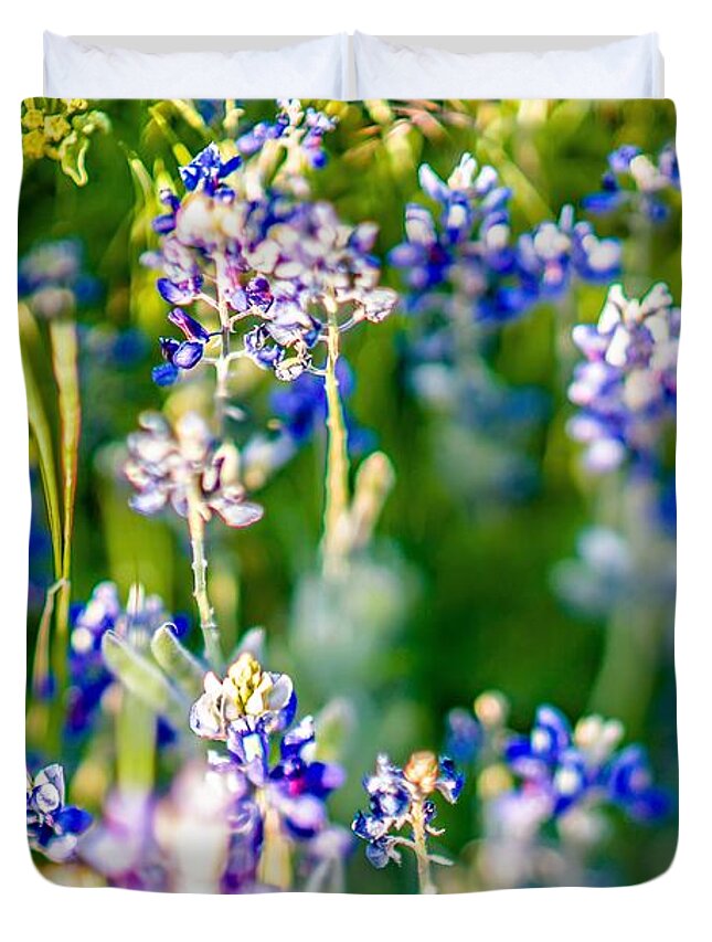Field Duvet Cover featuring the photograph Lavender Purple Flower Blooming On Side Road In Texas At Sunset by Alex Grichenko