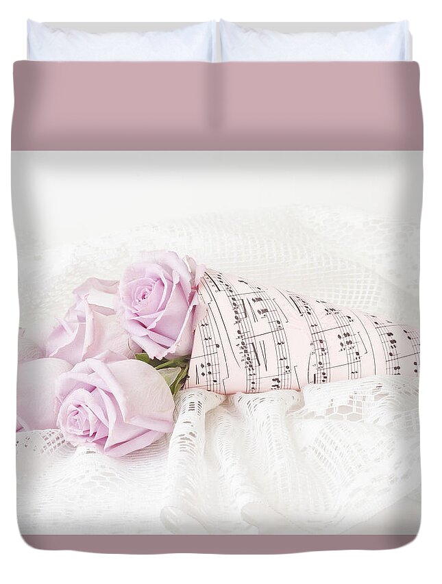 Posy Duvet Cover featuring the photograph Lavender Roses And Music by Sandra Foster