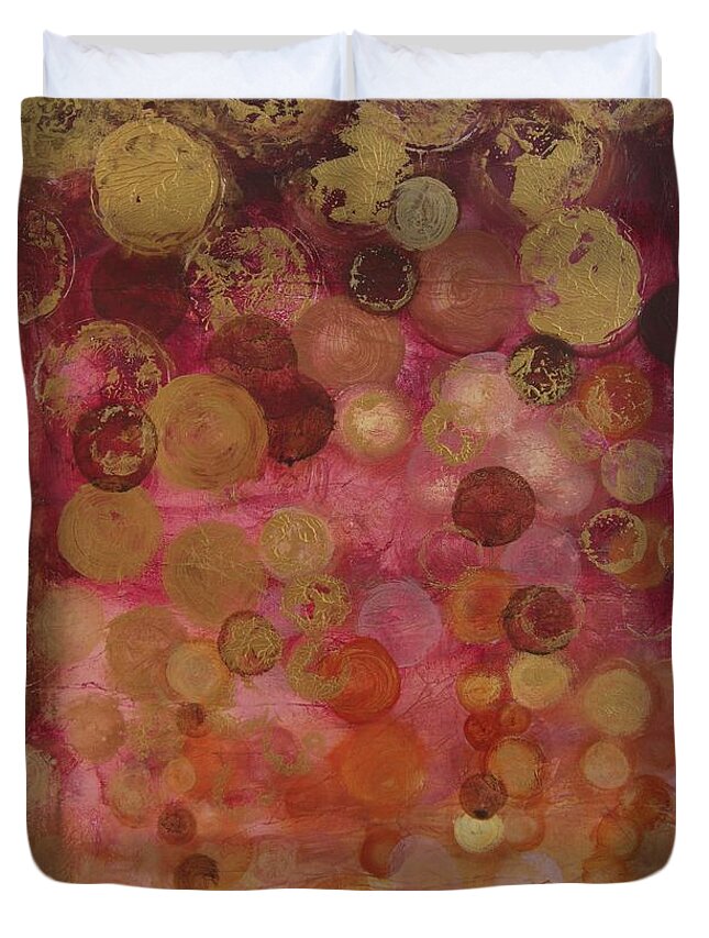 Circles Duvet Cover featuring the painting Layers of Circles on Red by Kristen Abrahamson