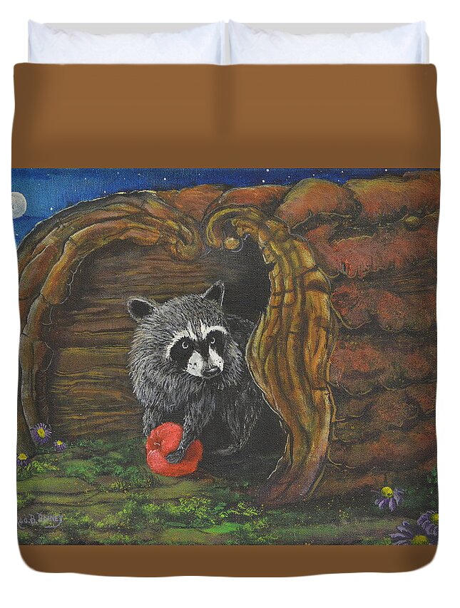 Raccoon Duvet Cover featuring the painting Laying Low by Rod B Rainey